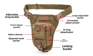 Tactical camouflage drop leg bag details featuring adjustable buckle and multi-layer pockets