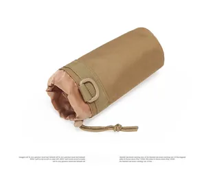 Macro shot of khaki tactical water bottle pouch with drawstring and D-ring buckle