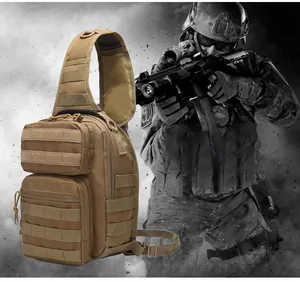 Tactical khaki chest bag with MOLLE webbing system and durable nylon fabric for outdoor use