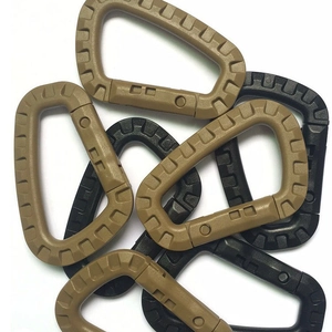 Tactical D-ring carabiners in black and khaki for outdoor backpack gear attachments