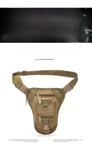 Detailed view of khaki tactical leg bag with multiple pockets and nylon material