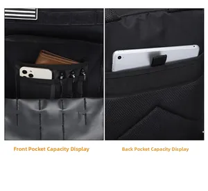 Taktischer Rucksack Detail mit Front-Organizer-Fach und Tablet-Einschubfach hinten