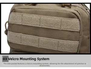 Macro detail of khaki tactical chest bag featuring MOLLE velcro hook and loop attachment system