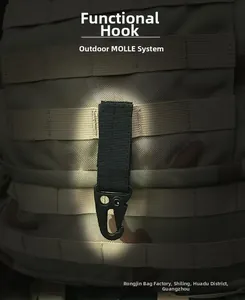 Detail of black metal tactical MOLLE hook attached to durable nylon webbing on a backpack