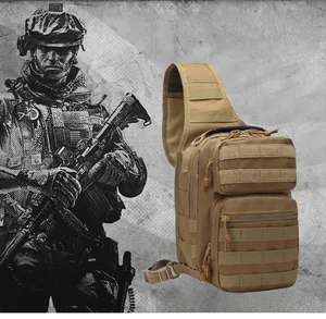 Macro view of coyote brown tactical chest bag with heavy-duty MOLLE webbing system