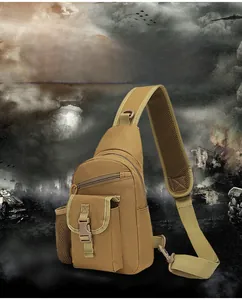 Detailed tactical crossbody chest bag in khaki showing multi-pocket layers and mesh bottle pouch