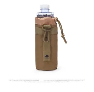 Detail of tactical water bottle holder showing Molle system straps and plastic hook