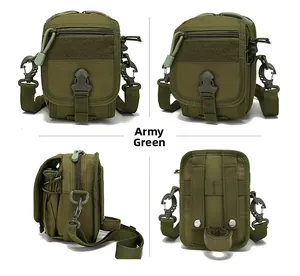 Detailed macro view of army green tactical Molle pouch with straps and buckles