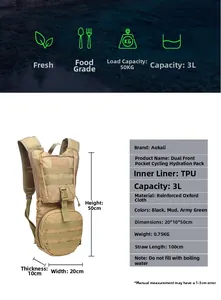 Detailed tactical hydration backpack specs with 3L capacity and Oxford fabric dimensions