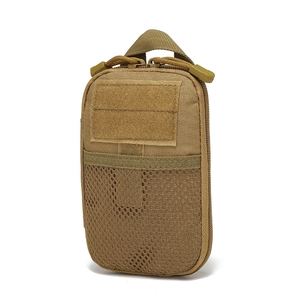 Outdoor tactical waist bag in coyote brown nylon with mesh pocket and velcro panel