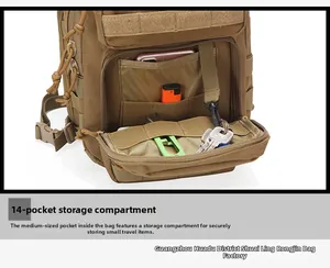 Detailed interior storage of khaki tactical bag with phone pocket and key ring