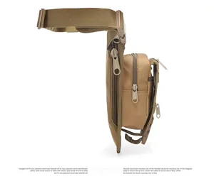 Side view of multi-pocket khaki tactical thigh bag with adjustable nylon straps and buckles
