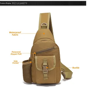 Detailed view of khaki tactical bag featuring waterproof fabric and paracord zipper pulls