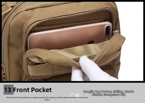 Front zipper pocket of tactical chest bag showing smartphone storage and durable nylon
