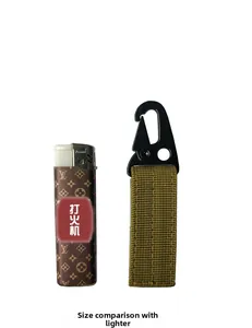 Tactical nylon webbing strap with metal spring hook compared to a standard lighter
