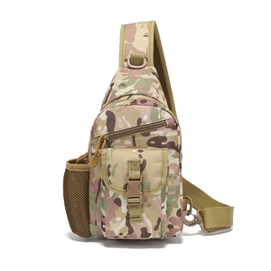 Tactical camouflage outdoor chest bag with multiple pockets and side mesh bottle holder