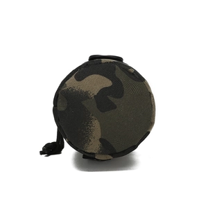 Detail showing tactical woodland camo nylon bottle pouch with adjustable drawstring