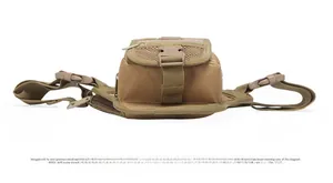 Detail view of khaki tactical waist bag bottom with heavy-duty webbing and buckle