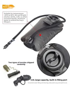Macro detail of 3.0L outdoor hydration bladder with water tube and bite valve