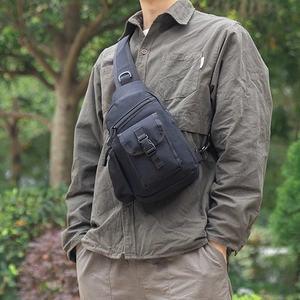 Close-up of tactical nylon chest bag featuring front buckle pocket and D-ring attachment