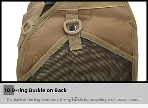 Tactical sling bag back view featuring a durable D-ring buckle for small item attachments
