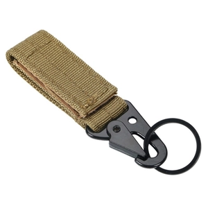 Tactical MOLLE khaki nylon webbing keychain with black eagle beak metal snap hook for outdoors