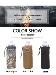 Detail view of tactical camo bottle pouches with MOLLE webbing and drawstring closure