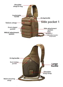 Detailed views of khaki tactical chest bag showing MOLLE system and breathable mesh back
