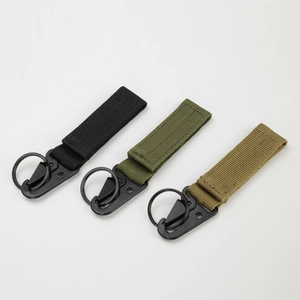 Tactical nylon webbing keychains in black, green, and khaki with metal HK clips