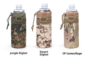 Detailed view of three camouflage water bottle pouches with drawstring and D-ring buckle