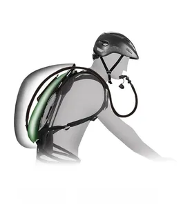 Detail of outdoor hydration backpack system showing the water bladder and flexible drinking tube