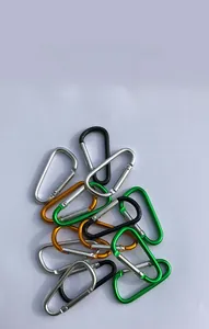 Aluminum D-ring carabiners in silver, black, green, and orange for outdoor gear and keys