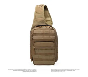 Detailed front view of tactical MOLLE sling bag in khaki coyote brown nylon