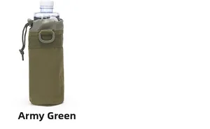 Detail of military green nylon water bottle pouch with MOLLE system and D-ring hook
