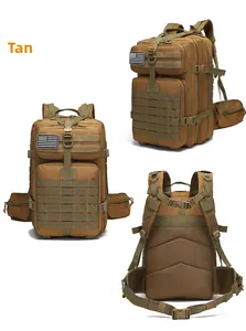 Vorder Seiten und Rückansicht des taktischen 3D-Rucksacks in Tan mit MOLLE-System und Flagge