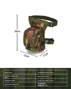 Detailed view of camouflaged tactical leg bag with precise 12x11x30cm size specifications