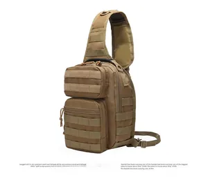 Tactical chest bag in khaki nylon with MOLLE webbing and multi-pocket design shown at 45 degrees
