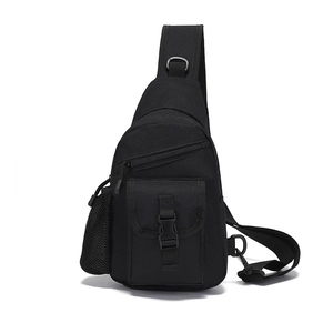Waterproof black nylon sling bag with multiple compartments and mesh pocket for hiking