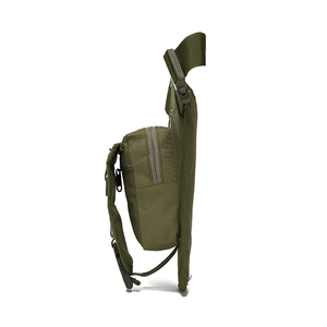 Left side view of army green tactical leg bag showing multi-pocket structure and durable nylon