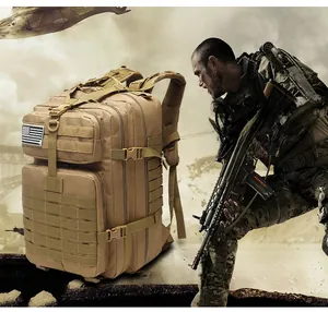 Tactical backpack in desert sand color featuring MOLLE webbing system and American flag patch