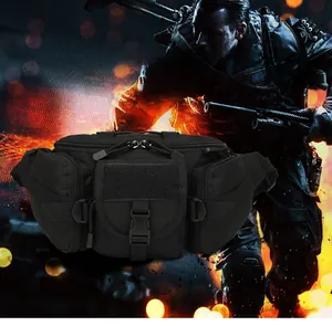 Detail of multi-functional black tactical waist bag with high-density nylon fabric
