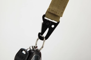Tactical metal eagle beak hook with khaki nylon webbing for outdoor gear attachment
