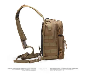 Tactical khaki chest bag detail featuring MOLLE webbing and side multi-zipper pockets