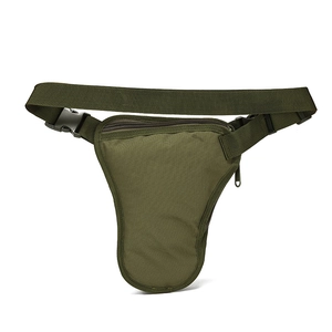 Detail of army green tactical leg bag featuring durable nylon and adjustable buckle
