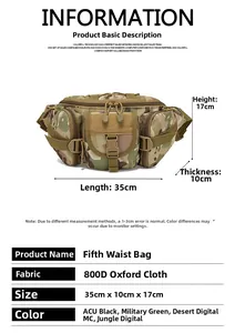 Detailed size chart and specifications for the 800D oxford camo outdoor waist bag