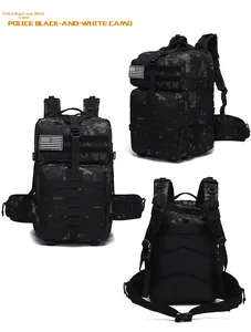 Taktischer Rucksack in Police Black Camo mit MOLLE-System und Hüftgurt in drei Ansichten