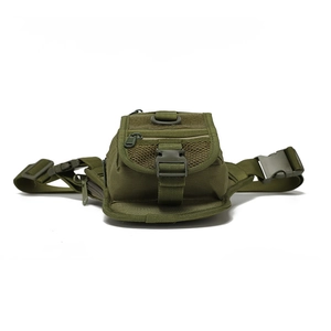 Detail view of military green tactical leg bag featuring waterproof nylon and mesh pockets