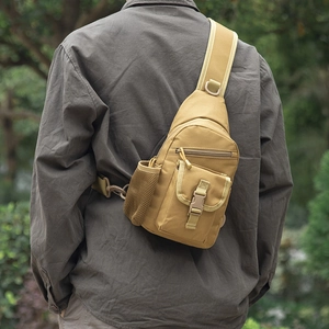 Outdoor tactical crossbody bag in khaki nylon showing side mesh water bottle pocket