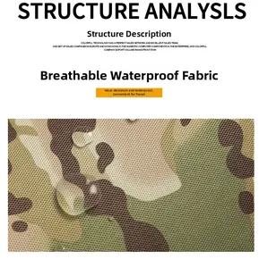 Close-up of waterproof camouflage fabric showing water beads on breathable material