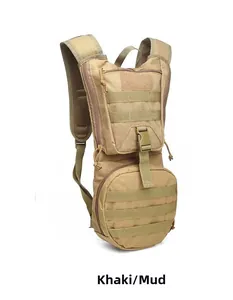 Detailed front view of khaki tactical hydration backpack with MOLLE webbing and mesh straps